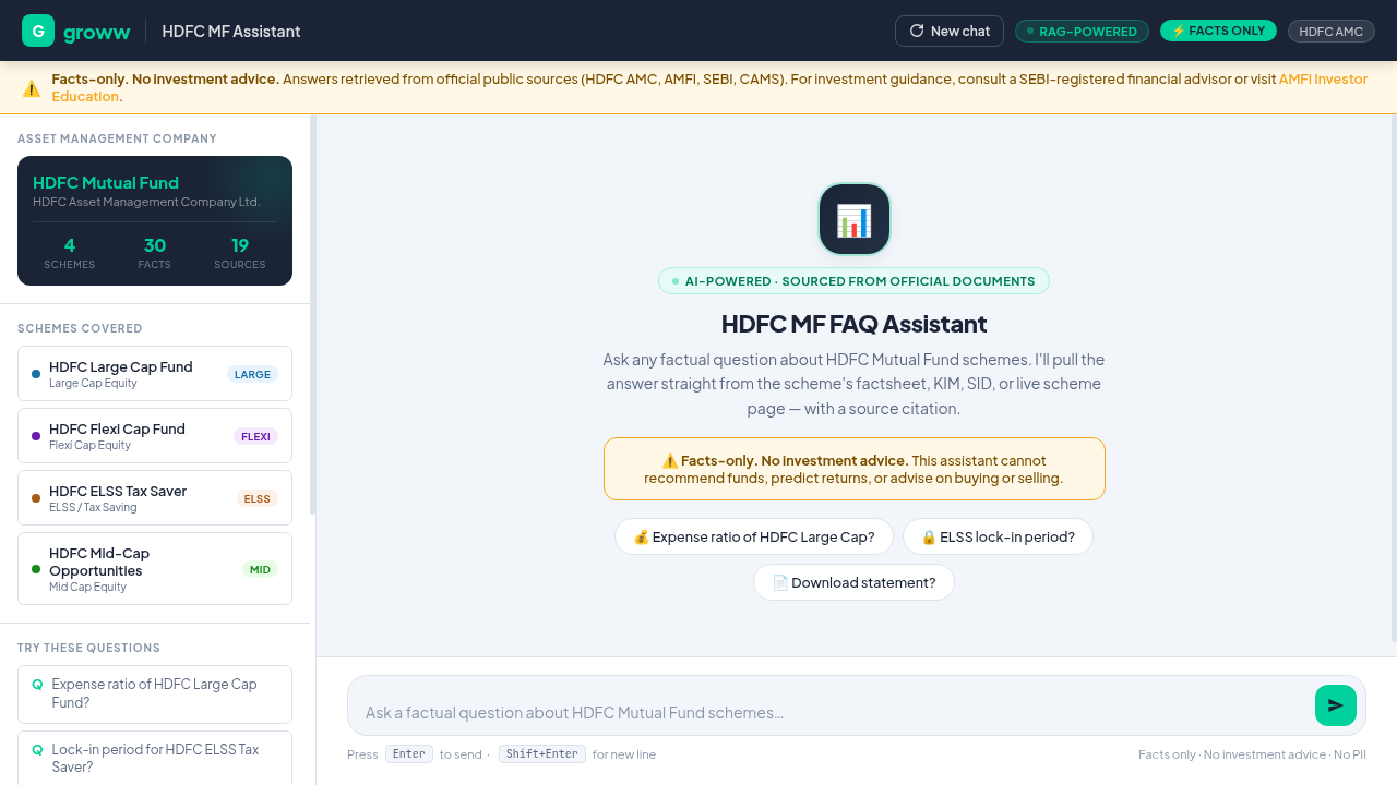 Groww HDFC MF FAQ Assistant product preview