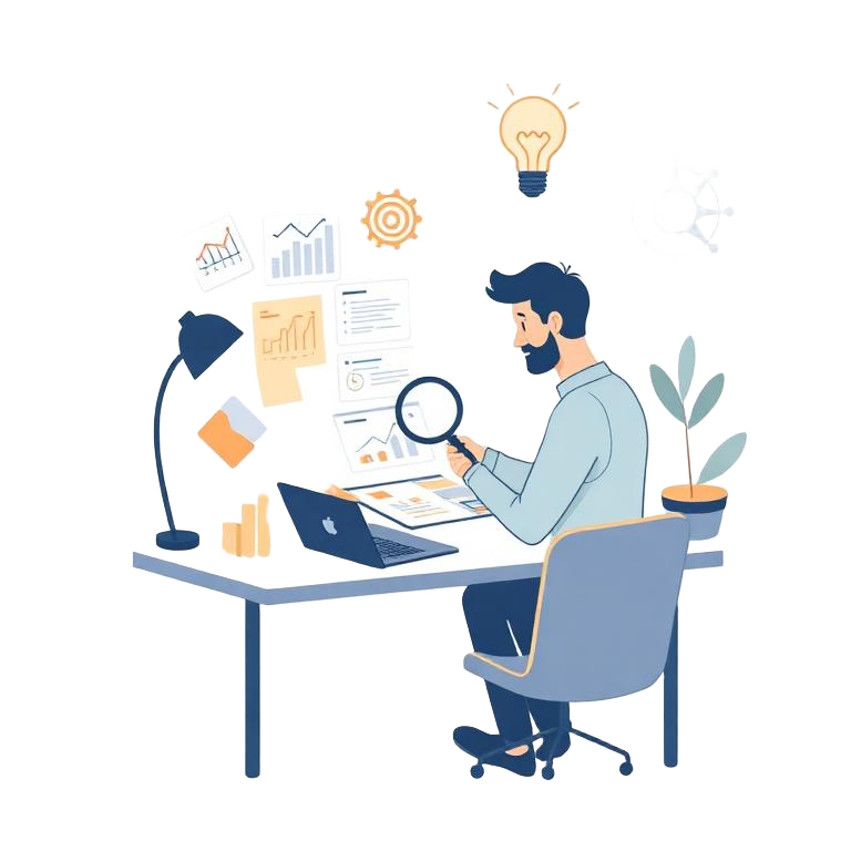 Illustration of a product manager analyzing product wireframes, charts, and AI ideas