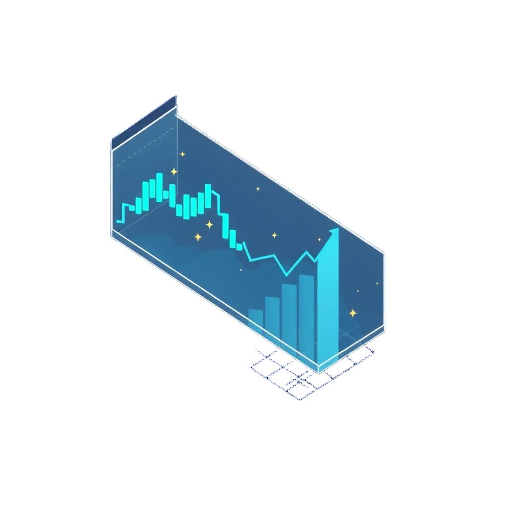 Isometric fintech dashboard illustration with charts and data points